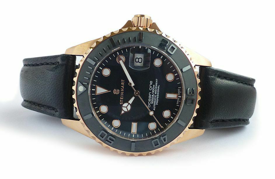 Steinhart Ocean One PINK GOLD Ceramic Bezel Automatic Swiss Dive Watch 103-0746 Black Leather Strap - Click Image to Close