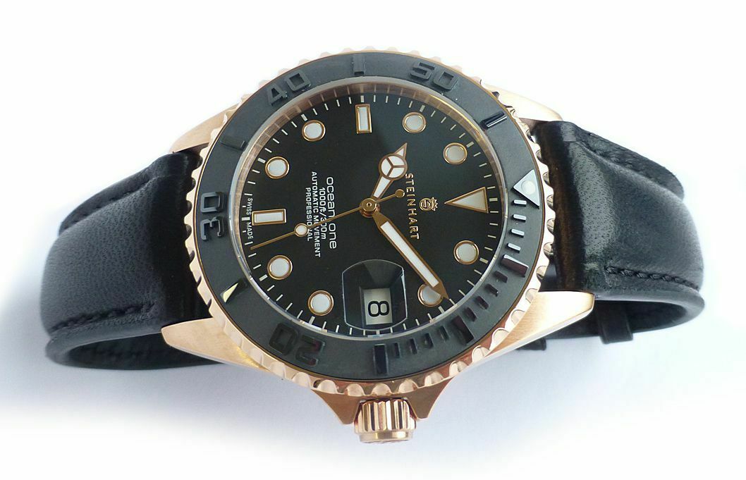 Steinhart Ocean One PINK GOLD Ceramic Bezel Automatic Swiss Dive Watch 103-0746 Black Leather Strap - Click Image to Close