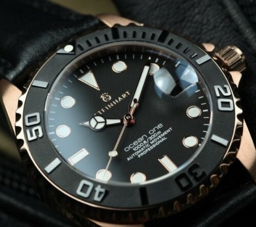 Steinhart Ocean One PINK GOLD Ceramic Bezel Automatic Swiss Dive Watch 103-0746 Black Leather Strap