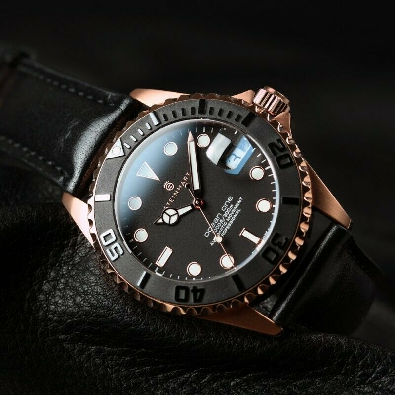 Steinhart Ocean One PINK GOLD Ceramic Bezel Automatic Swiss Dive Watch 103-0746 Black Leather Strap - Click Image to Close