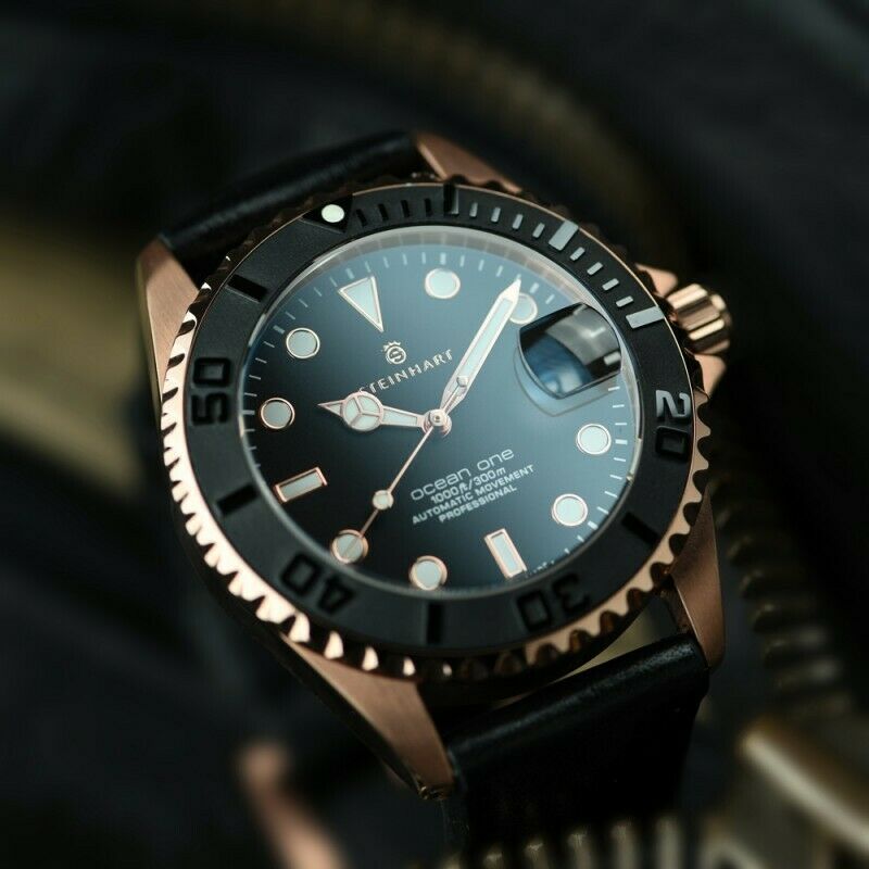 Steinhart Ocean One PINK GOLD Ceramic Bezel Automatic Swiss Dive Watch 103-0746 Black Leather Strap