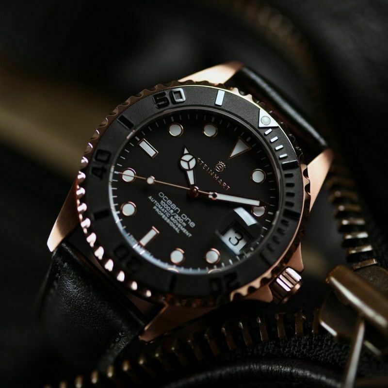 Steinhart Ocean One PINK GOLD Ceramic Bezel Automatic Swiss Dive Watch 103-0746 Black Leather Strap