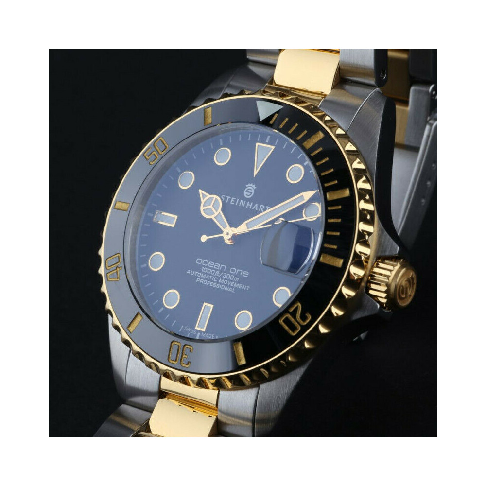 Steinhart Ocean 39 two-tone Men's Diver Watch WR300m Bezel Black-Gold/Dial Black 103-1086 - Click Image to Close