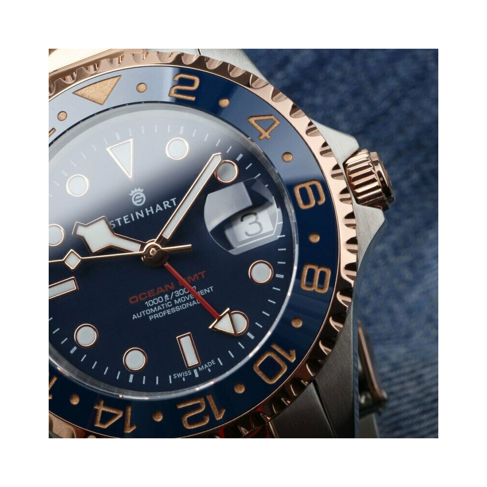 Steinhart Ocean One GMT Two Tone Blue Gold Automatic Swiss Diver Watch 103-1081 - Click Image to Close