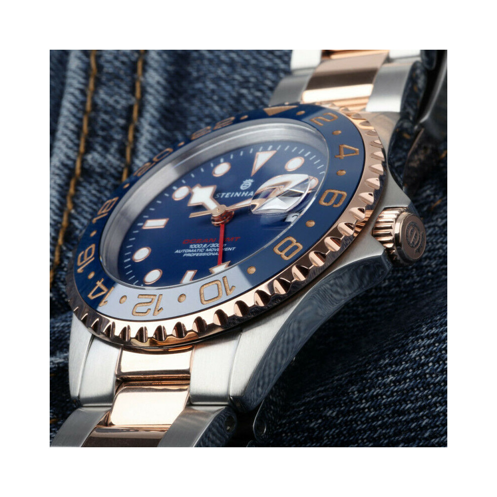 Steinhart Ocean One GMT Two Tone Blue Gold Automatic Swiss Diver Watch 103-1081