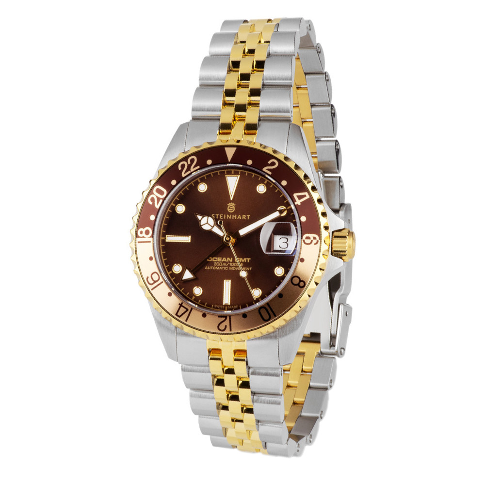 Steinhart Ocean 39mm Two Tone Cholate Automatic Swiss Diver Watch 103-1218 Silver Gold Bracelet - Click Image to Close