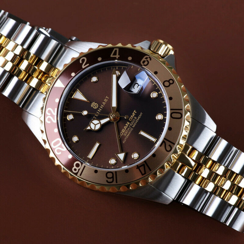 Steinhart Ocean 39mm 2 Tone Chocolate Gold Automatic Swiss Diver Watch 103-1218 - Click Image to Close