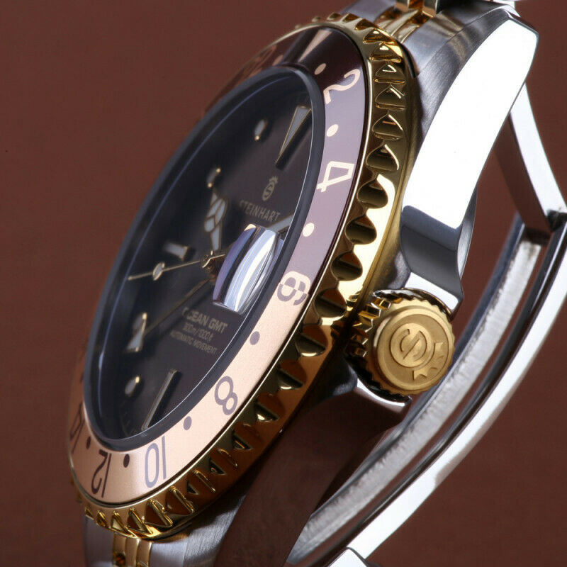 Steinhart Ocean 39mm Two Tone Cholate Automatic Swiss Diver Watch 103-1218 Silver Gold Bracelet