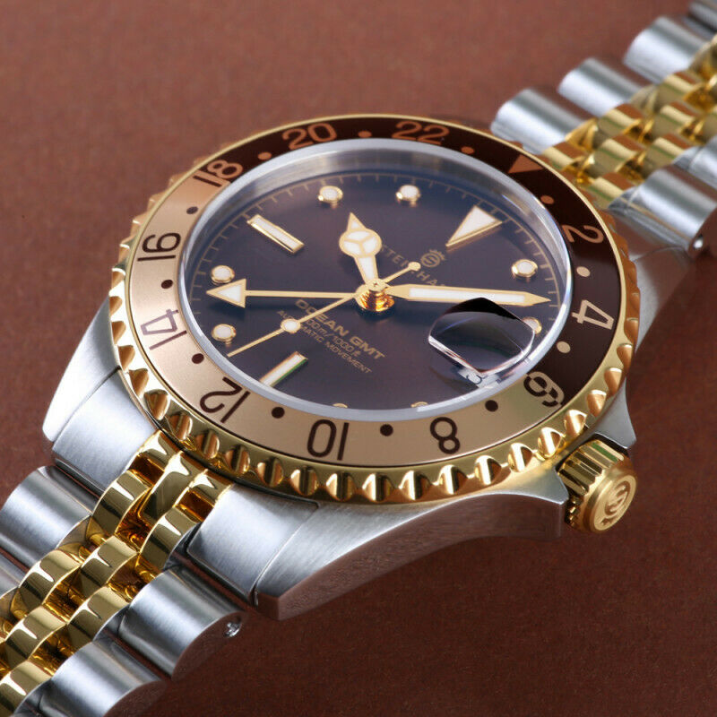 Steinhart Ocean 39mm Two Tone Cholate Automatic Swiss Diver Watch 103-1218 Silver Gold Bracelet - Click Image to Close