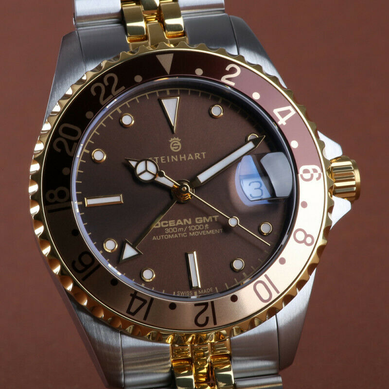 Steinhart Ocean 39mm Two Tone Cholate Automatic Swiss Diver Watch 103-1218 Silver Gold Bracelet - Click Image to Close