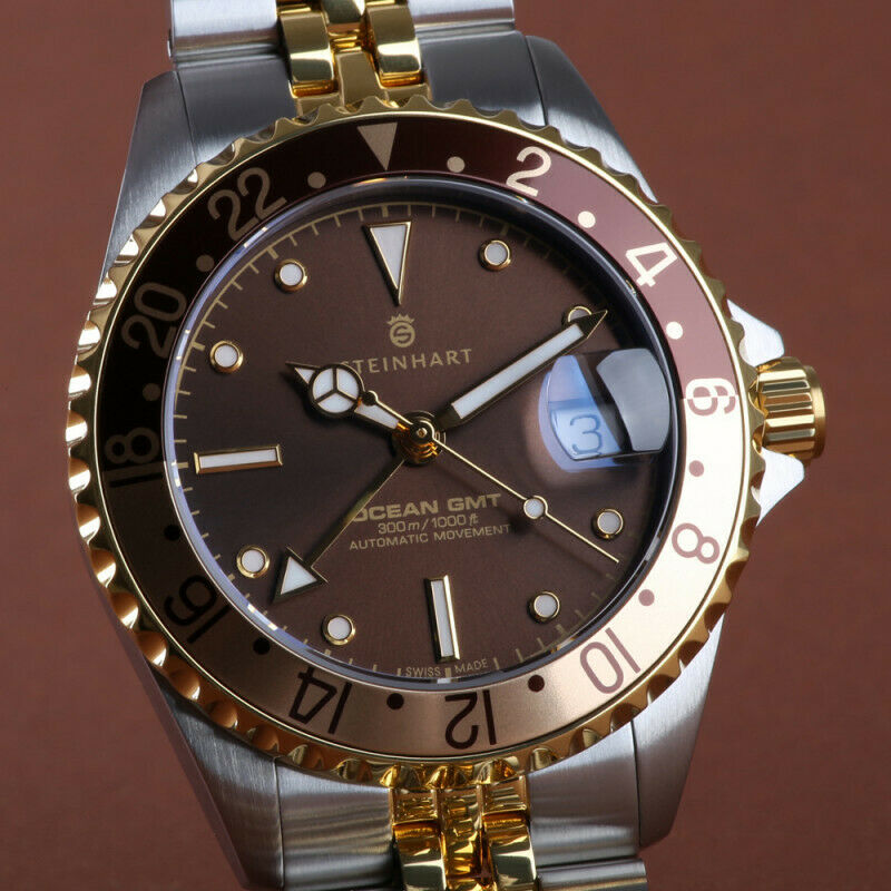 Steinhart Ocean 39mm Two Tone Cholate Automatic Swiss Diver Watch 103-1218 Silver Gold Bracelet