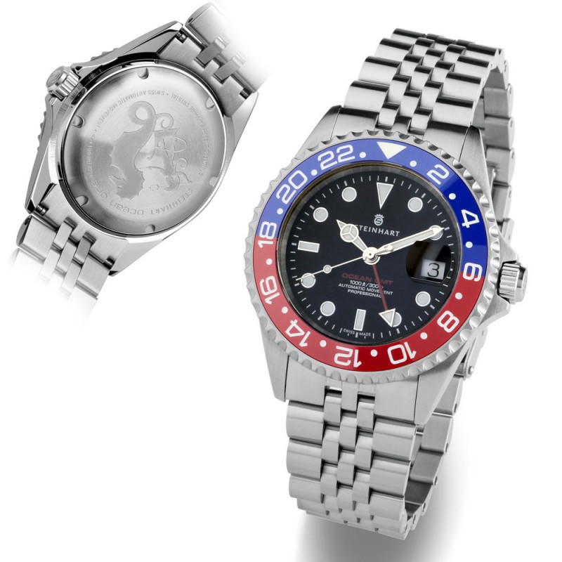 Steinhart Ocean One GMT BLUE-RED. 2 Ceramic Men's Diver Watch Black Dial/Blue-Red Bezel 103-1100 - Click Image to Close