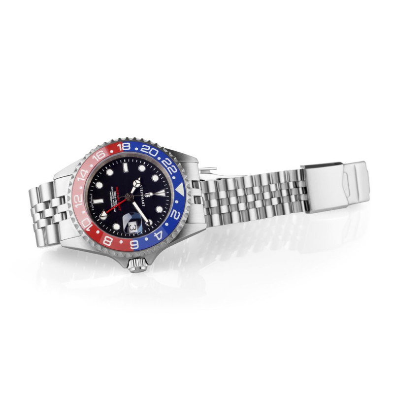 Steinhart Ocean One GMT BLUE-RED. 2 Ceramic Men's Diver Watch Black Dial/Blue-Red Bezel 103-1100 - Click Image to Close