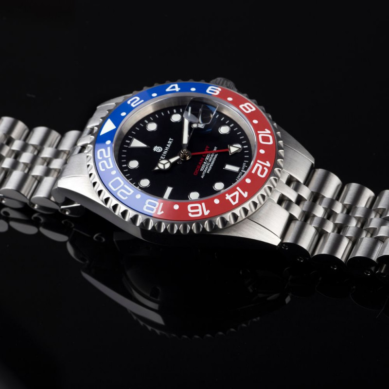 Steinhart Ocean One GMT BLUE-RED. 2 Ceramic Men's Diver Watch Black Dial/Blue-Red Bezel 103-1100 - Click Image to Close