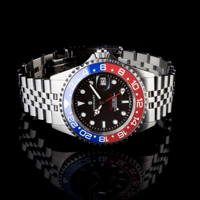 Steinhart Ocean One GMT BLUE-RED. 2 Ceramic Men's Diver Watch Black Dial/Blue-Red Bezel 103-1100 - Click Image to Close