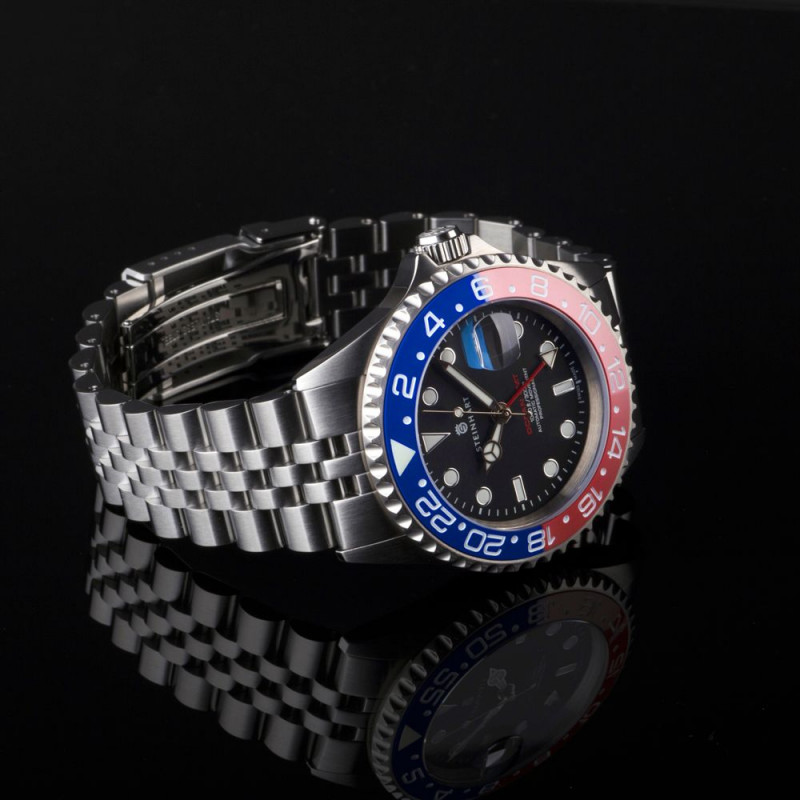 Steinhart Ocean One GMT BLUE-RED. 2 Ceramic Men's Diver Watch Black Dial/Blue-Red Bezel 103-1100 - Click Image to Close