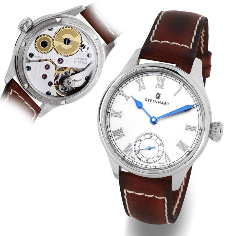 Steinhart Marine Chronometer 42 White Roman Handwinding Men's Watch 105-1310 - Click Image to Close