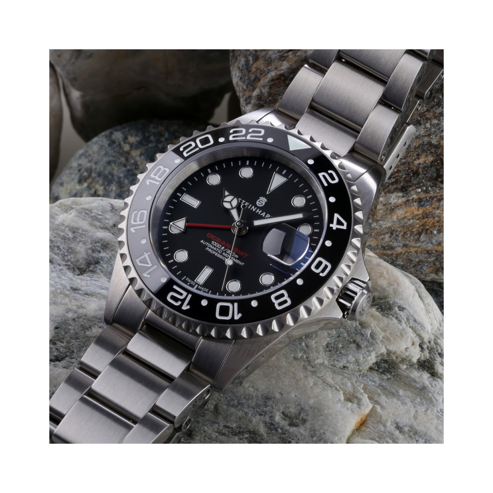 Steinhart GMT Ocean 1 Black 42mm Ceramic Men's Diver Watch WR300 103-0833 - Click Image to Close