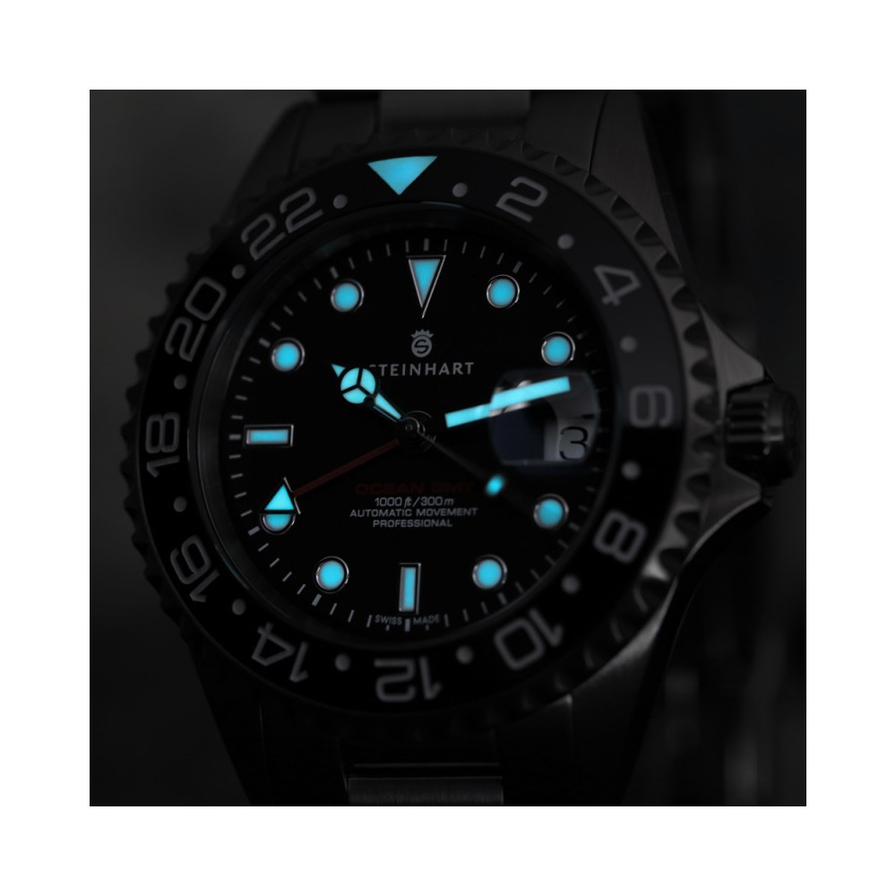 Steinhart GMT Ocean 1 Black 42mm Ceramic Men's Diver Watch WR300 103-0833 - Click Image to Close