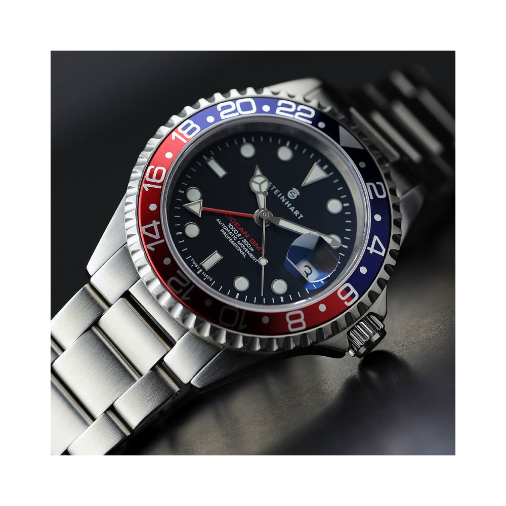 Steinhart Ocean One GMT Blue-Red 42mm Diver Watch Men's WR300 Pepsi 103-0835 - Click Image to Close