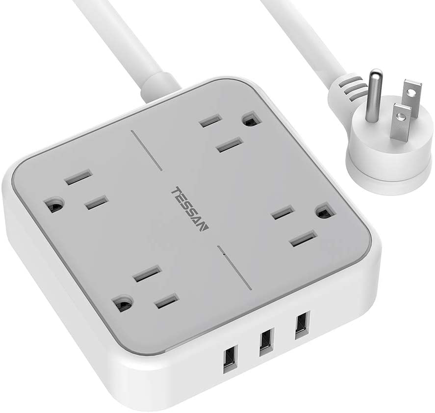 TESSAN Power Strip with USB Mountable Flat Plug Extension 4xOutlets 3xUSB 5ft - Click Image to Close