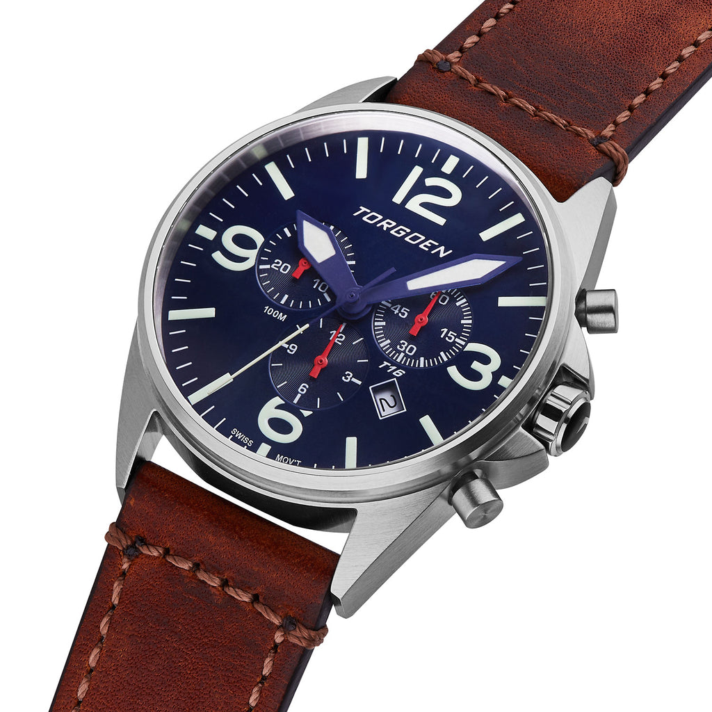 Torgoen T16 Pilot Men's Watch Blue Dial Vintage Leather Strap T16BL44SV / TN/1034