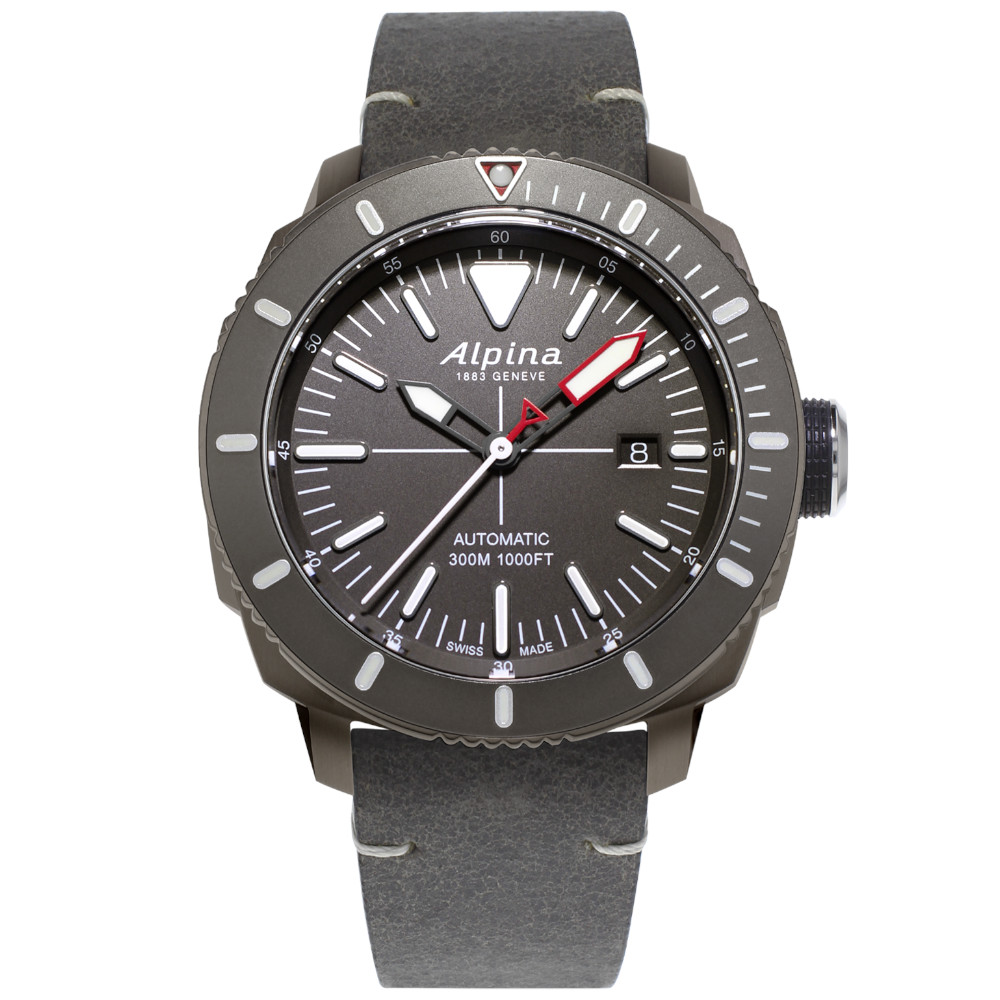 Alpina Seastrong Diver 300 Black Automatic Swiss Watch Gray Dial/Gray Leather Strap AL-525LGGW4TV6 - Click Image to Close