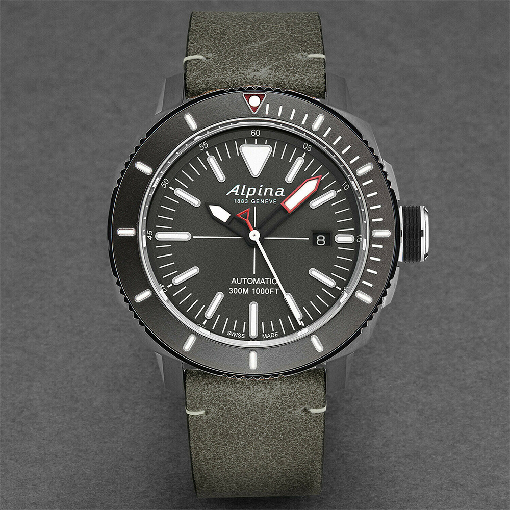 Alpina Seastrong Diver 300 Black Automatic Swiss Watch Gray Dial/Gray Leather Strap AL-525LGGW4TV6