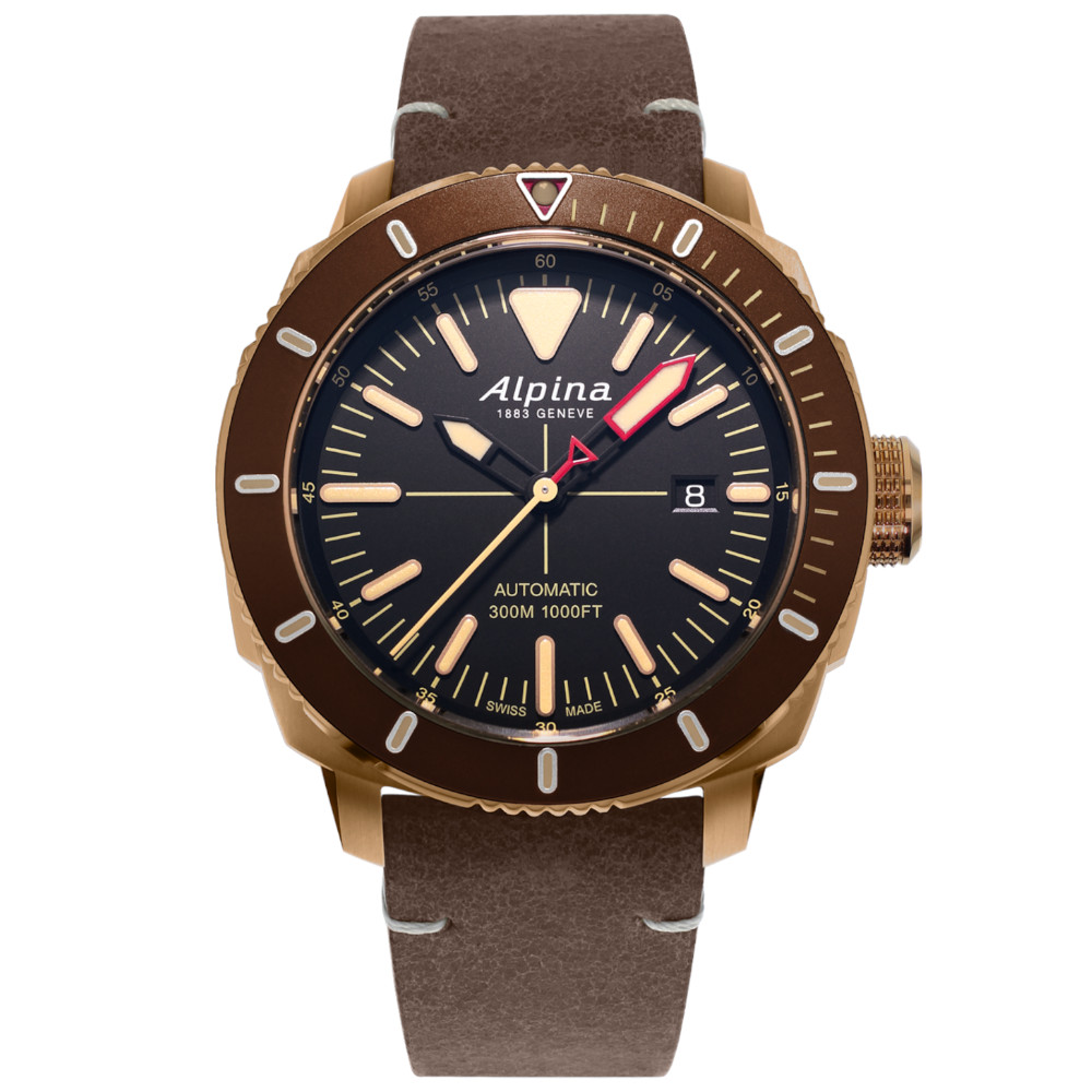 Alpina Seastrong 300 Diver Automatic Swiss Bronze Watch Brown Leather Strap