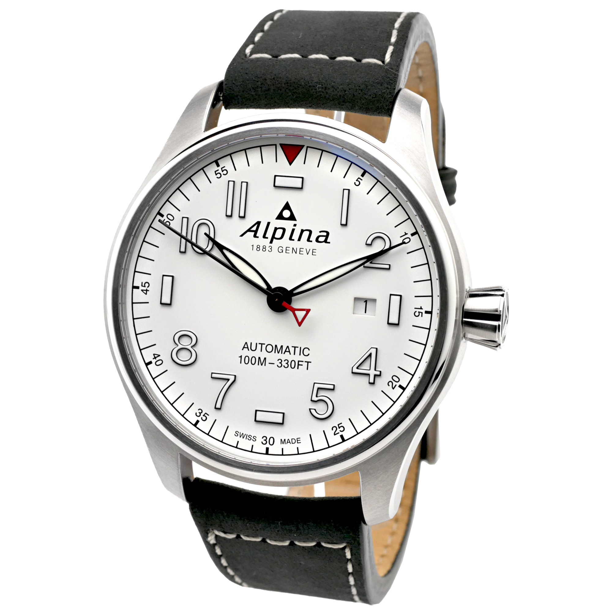 Alpina Startimer Pilot Automatic Men's Watch White Dial / Black Leather AL-525S4S6 - Click Image to Close