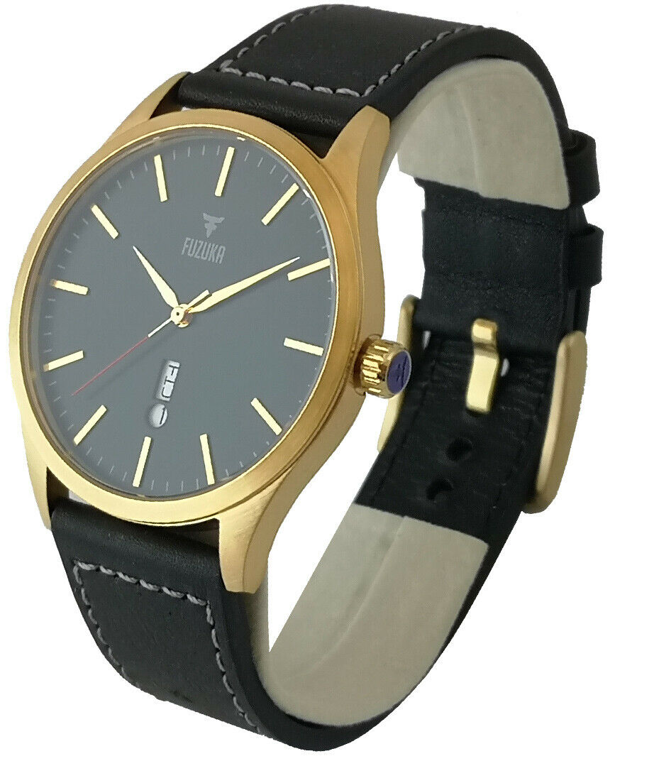 Fuzuka Gold Black Leather Strap Japanese Ladies Youth Elegant Watch Japan