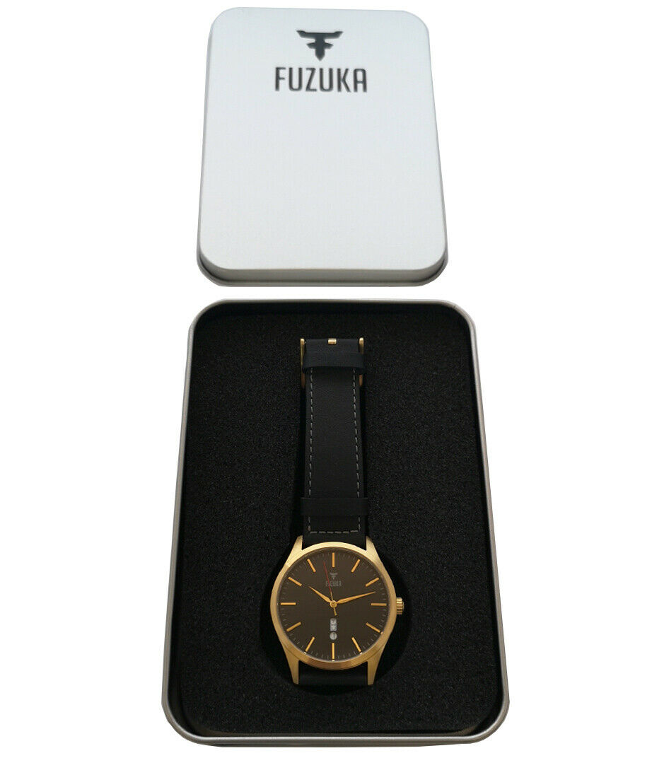 Fuzuka Gold Black Leather Strap Japanese Ladies Youth Elegant Watch Japan - Click Image to Close