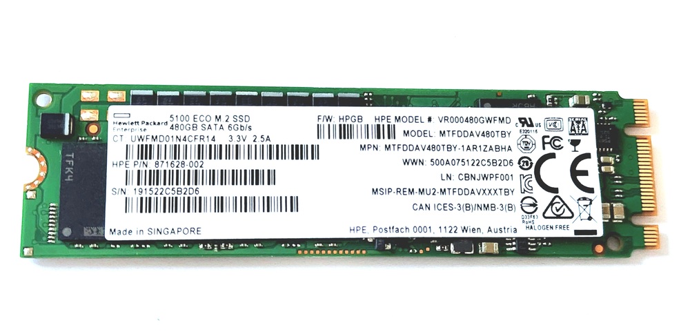 HPE Micron 480GB SATA 6Gb/s Read Intensive M.2 SSD Solid State Drive 871628-002 MTFDDAV480TBY