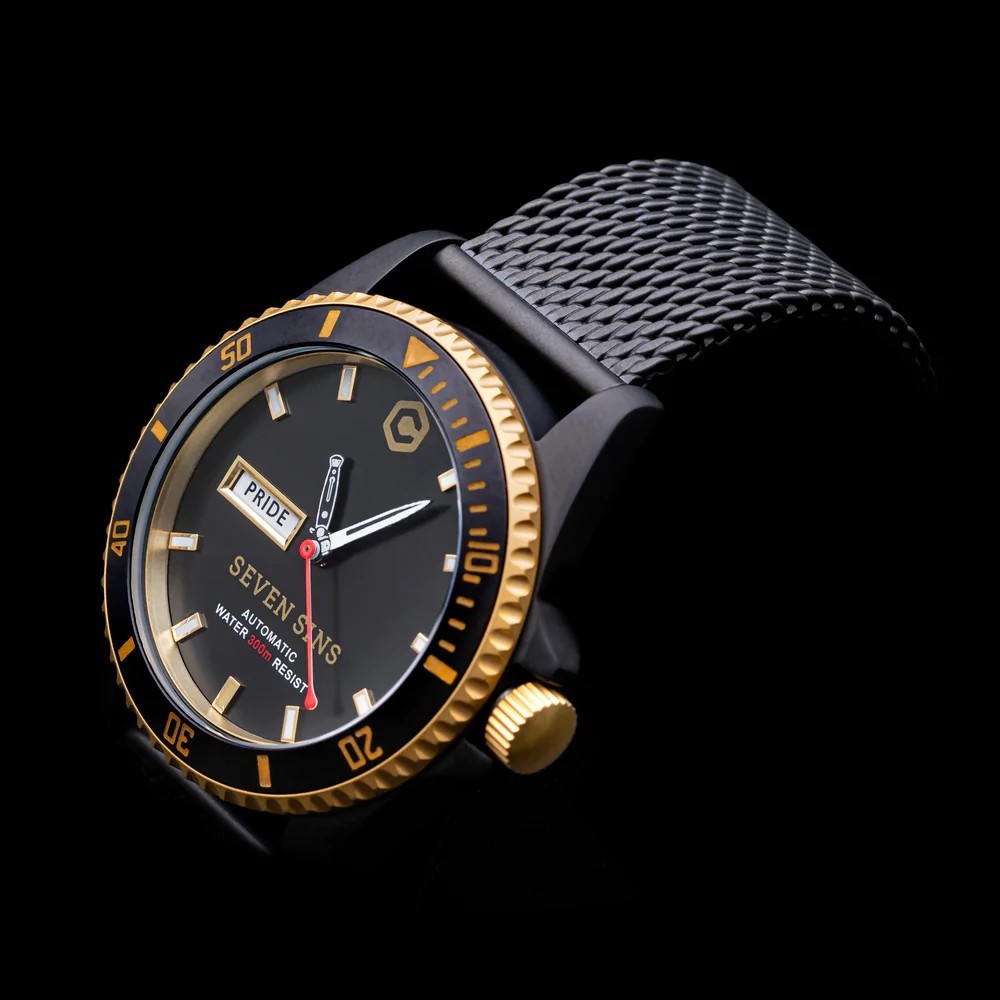 Core Seven Sins Black Gold 42mm Automatic Diver Watch WR300 18kt Gold - Click Image to Close