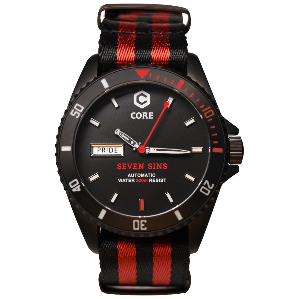 Core Seven Sins Black Red 42mm Automatic Diver Watch WR300 - Click Image to Close