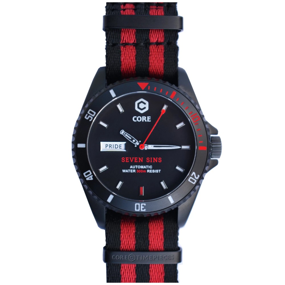 Core Seven Sins Black Red 42mm Automatic Diver Watch WR300 - Click Image to Close