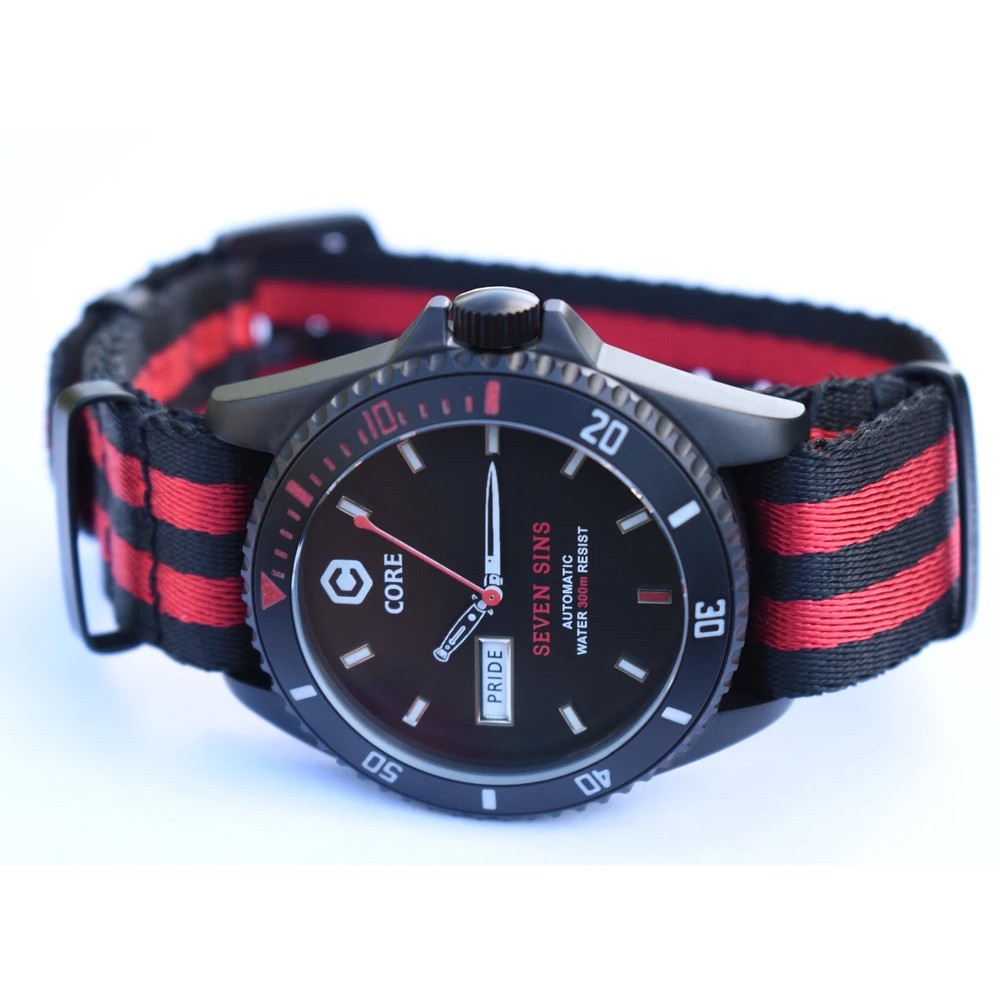 Core Seven Sins Black Red 42mm Automatic Diver Watch WR300 - Click Image to Close