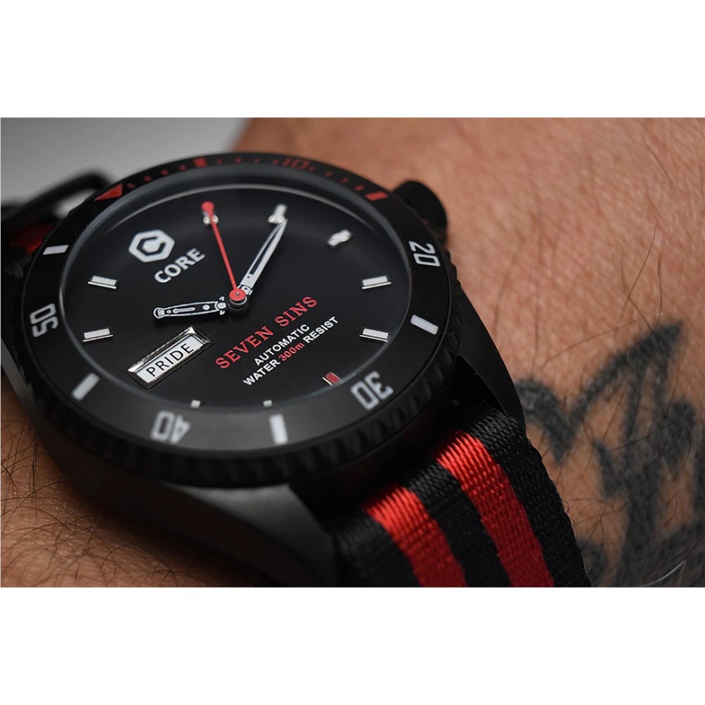 Core Seven Sins Black Red 42mm Automatic Diver Watch WR300 - Click Image to Close