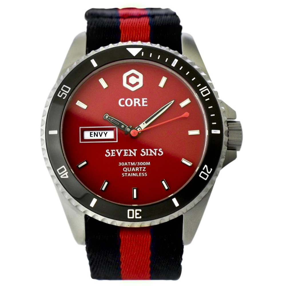 Core Seven Sins Quartz Red 42mm Diver Watch WR300 - Click Image to Close