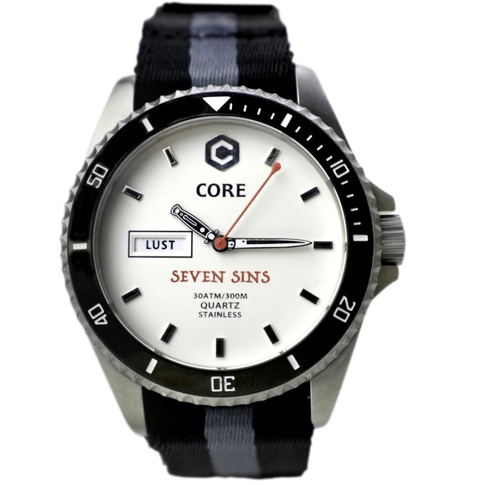 Core Seven Sins Quartz White 42mm Diver Watch WR300 - Click Image to Close