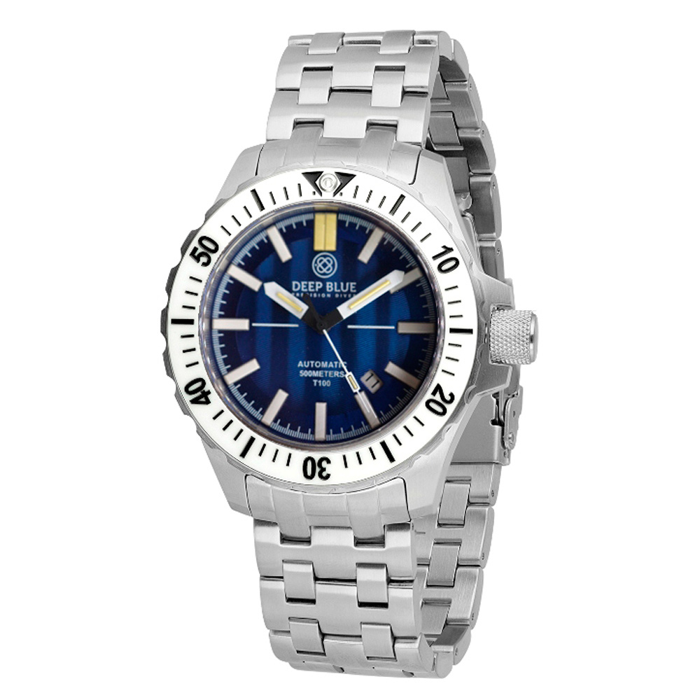 Deep Blue T100 Precision Diver Mil OPS 44mm WR 500m Ceramic White Bezel/Blue Dial