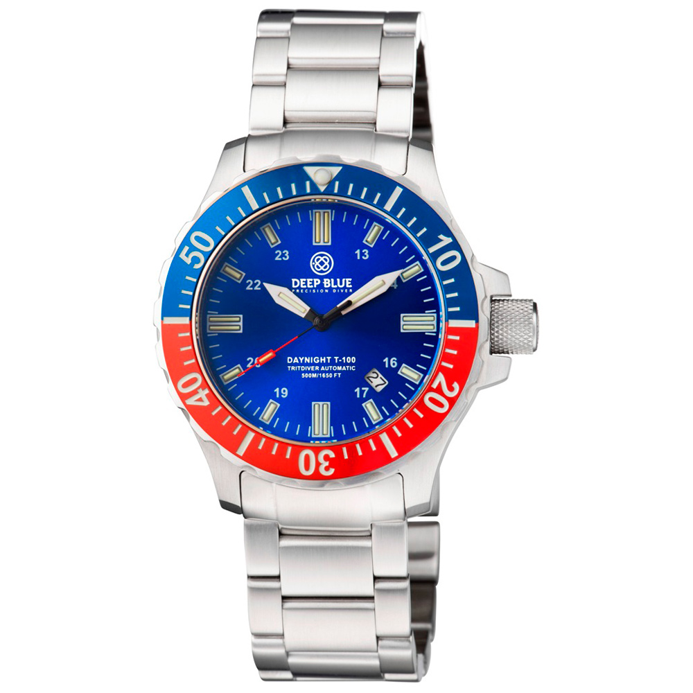 Deep Blue DayNight 45 Tritdiver T-100 Automatic Diver Watch Blue-Red Bezel/Blue Dial - Click Image to Close