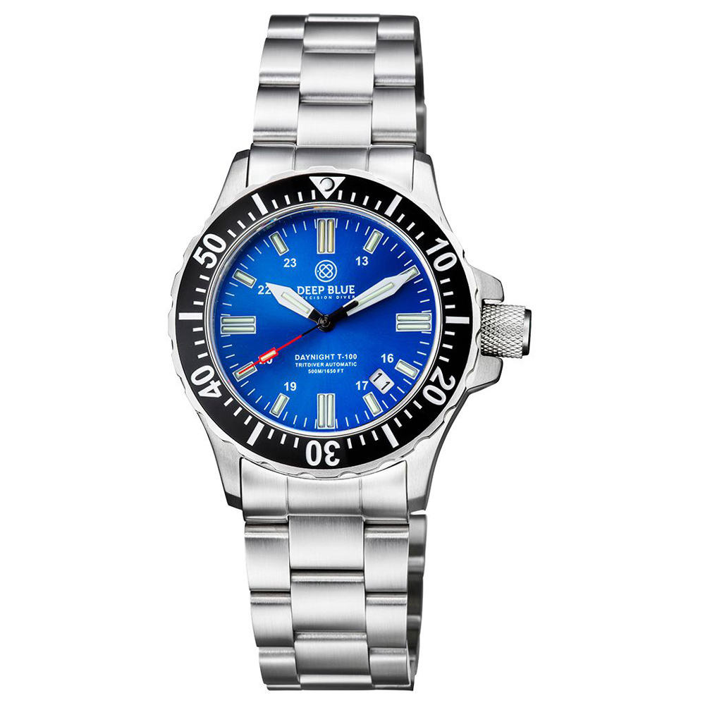 Deep Blue DayNight 41 Tritdiver T-100 Automatic Watch Black Bezel/Blue Dial