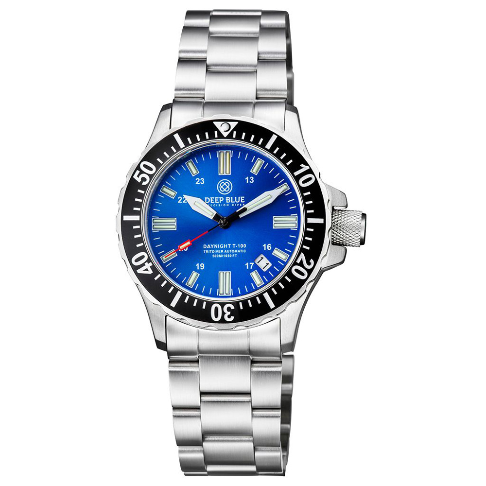 Deep Blue DayNight 41 Tritdiver T-100 Automatic Watch Black Bezel/Blue Dial - Click Image to Close