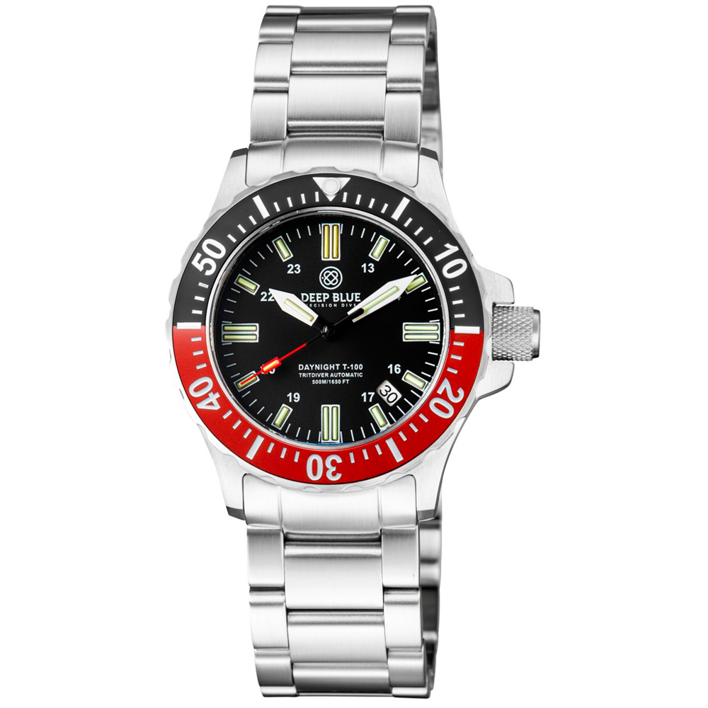 Deep Blue DayNight 41 Tritdiver T-100 Tritium Tubes Automatic Watch Black-Red Bezel/Black Dial - Click Image to Close