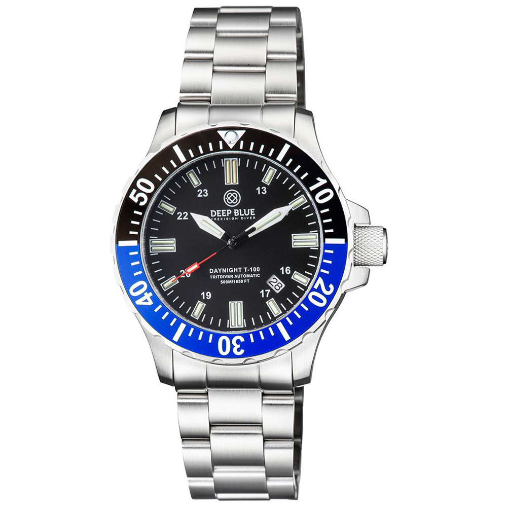 Deep Blue DayNight 45 Tritdiver T-100 Automatic Diver Watch Black-Blue Bezel/Black Dial - Click Image to Close