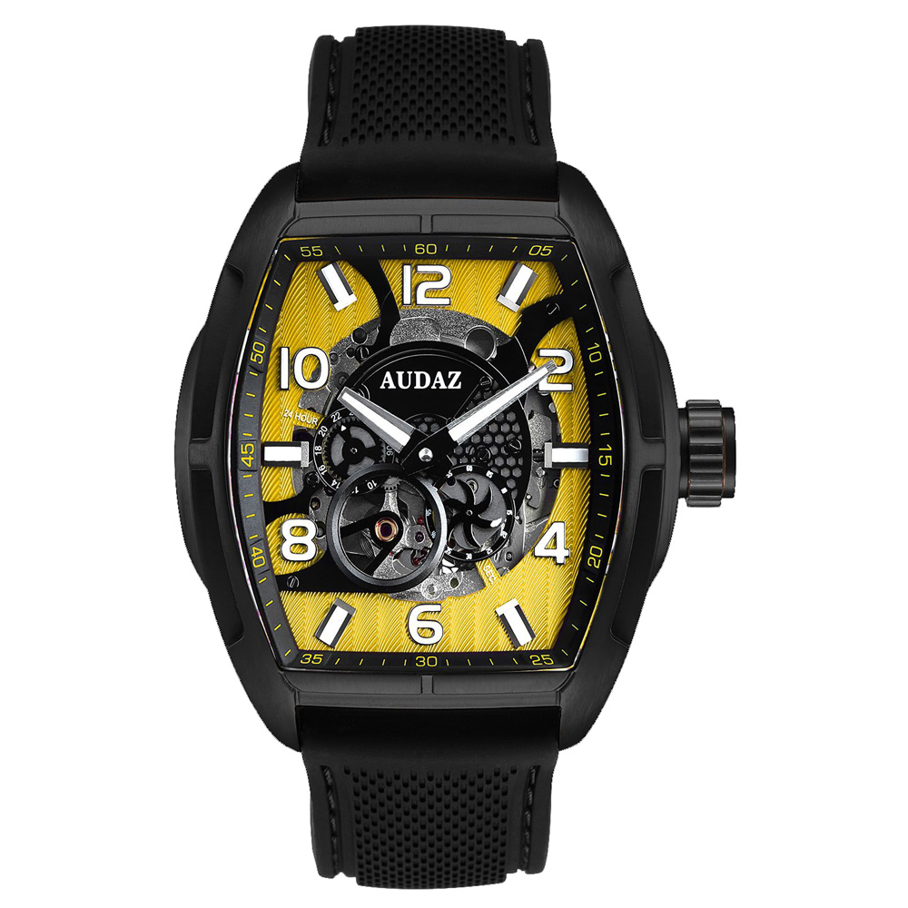 Audaz Predator II Automatic Men's Tonneau Watch Yellow Skeltonized Dial 44mm ADZ-2080-05 - Click Image to Close