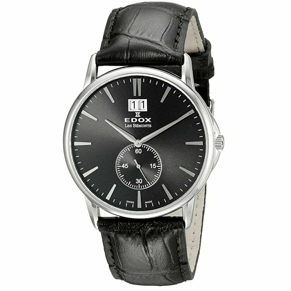 Edox Les Bemonts Black Luxury Swiss Men's Dress Watch 64012-3-NIN Leather Strap - Click Image to Close