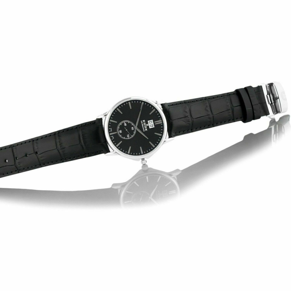 Edox Les Bemonts Black Luxury Swiss Men's Dress Watch 64012-3-NIN Leather Strap