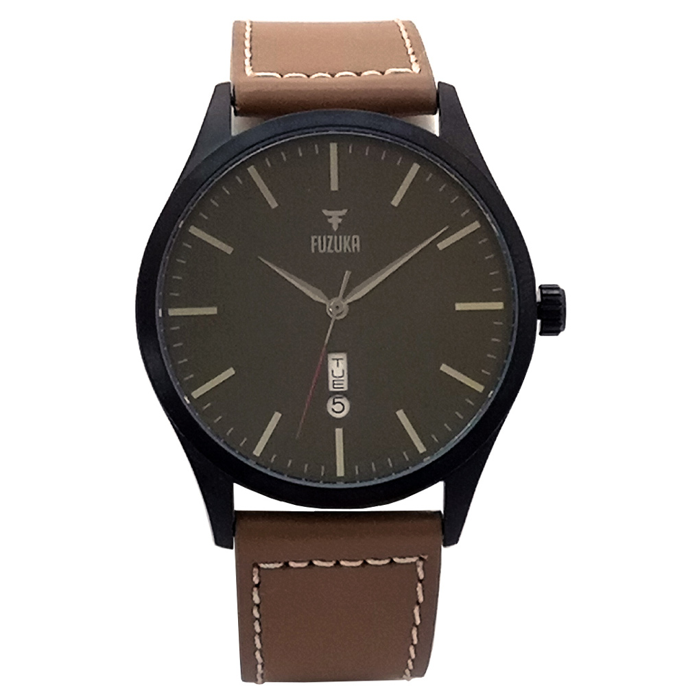 Fuzuka Brushed Black Gun Metal Tan Leather Japanese Ladies Youth Unisex Watch